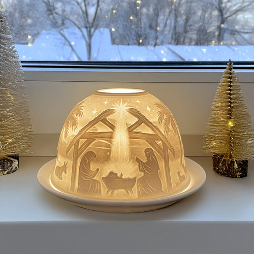 Vintage Ceramic Nativity Tea-Light Candle Dome – Soft-Glow Jesus Night Lamp