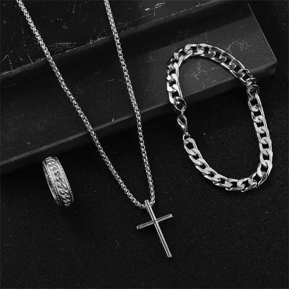 Cross Chain Jewelry Set – Necklace, Bracelet & Ring